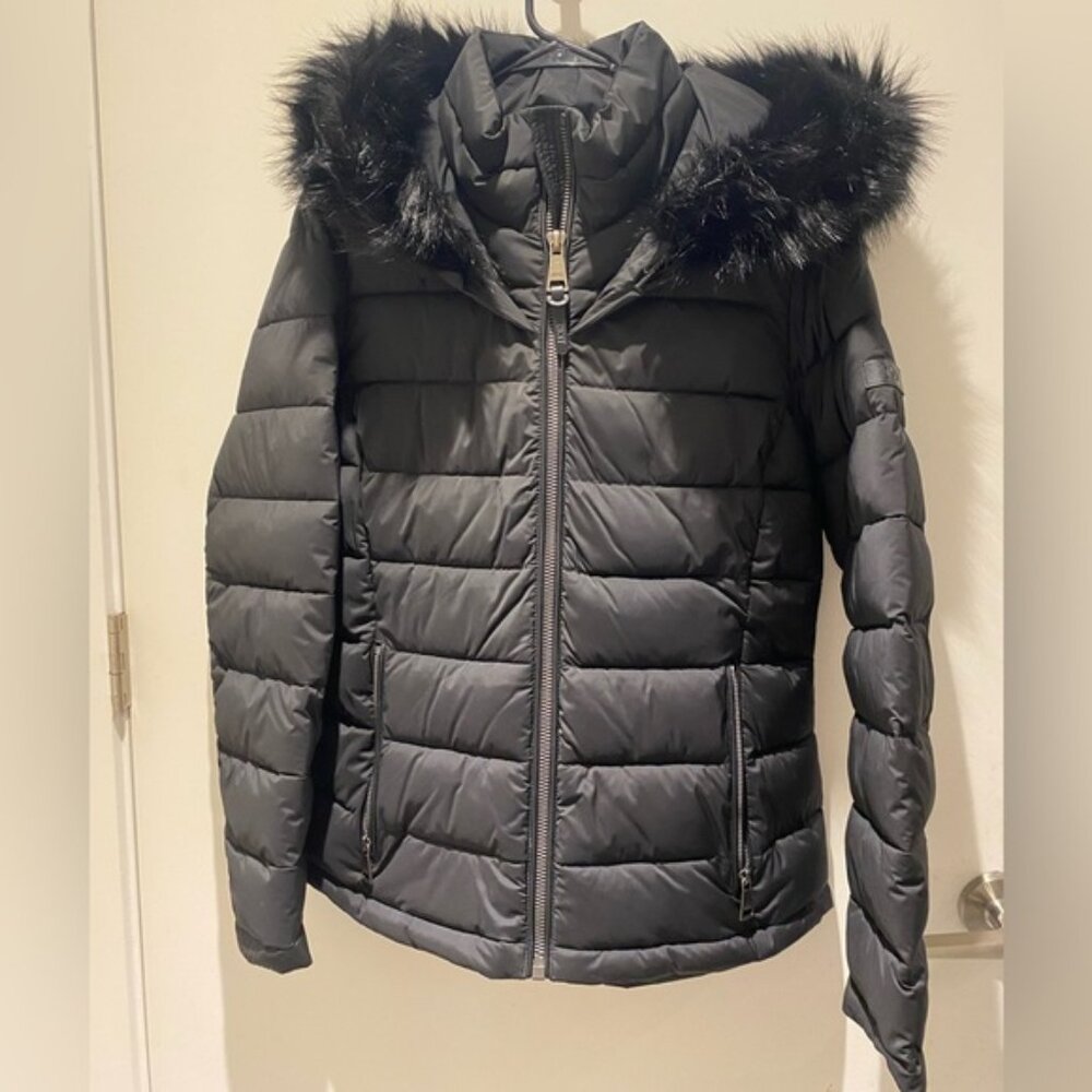DKNY Womens Hooded Puffer Jacket Black Size Medium